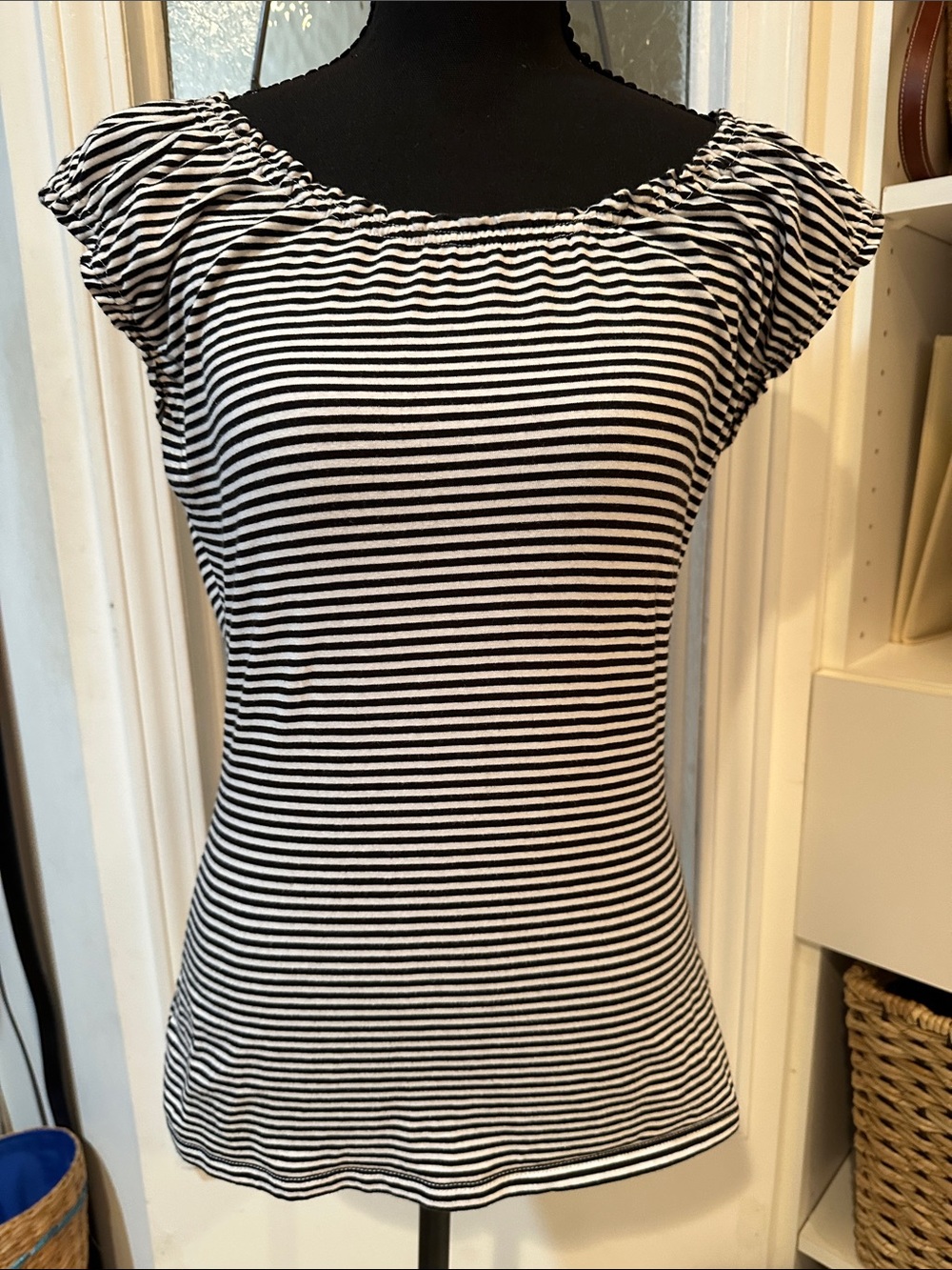 LOFT Black and White Striped Short Sleeve Scoop Neck Tee